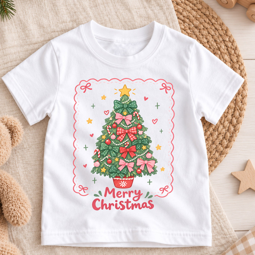 Merry Christmas Bow Tree Kids Shirt, Pink Bow Christmas Tree Tee, Cute Holiday Outfit for Girls, Coquette Christmas Gift for Little Kids — product view 3