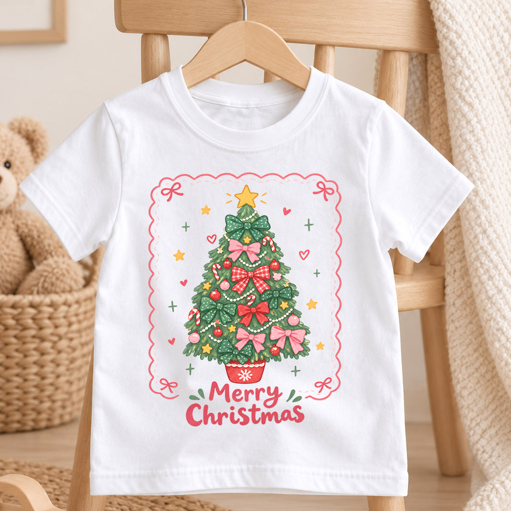 Merry Christmas Bow Tree Kids Shirt, Pink Bow Christmas Tree Tee, Cute Holiday Outfit for Girls, Coquette Christmas Gift for Little Kids — product view 4