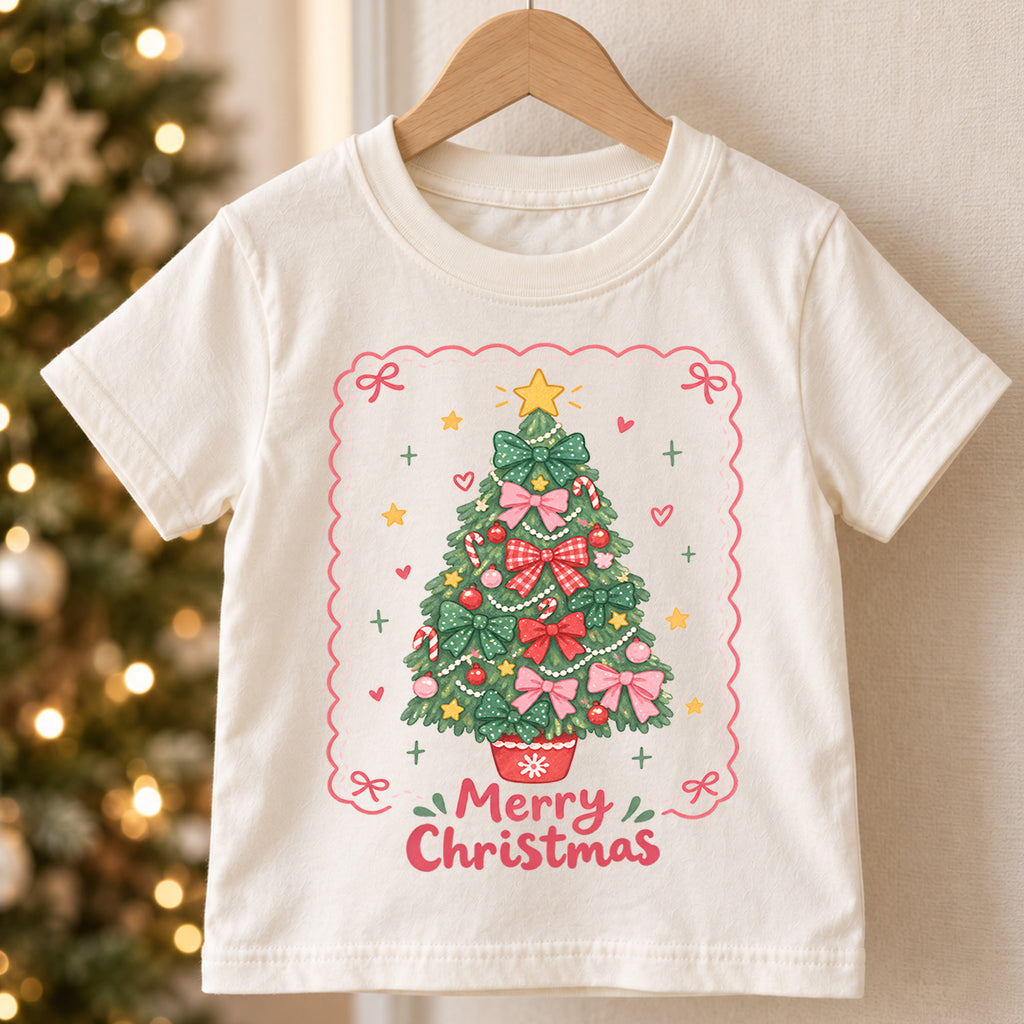 Merry Christmas Bow Tree Kids Shirt, Pink Bow Christmas Tree Tee, Cute Holiday Outfit for Girls, Coquette Christmas Gift for Little Kids — product view 5