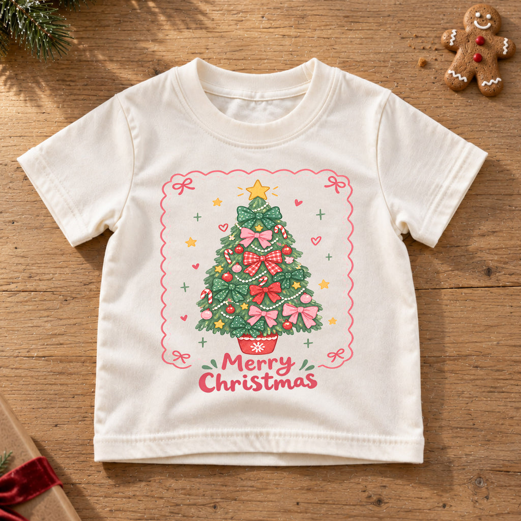 Merry Christmas Bow Tree Kids Shirt, Pink Bow Christmas Tree Tee, Cute Holiday Outfit for Girls, Coquette Christmas Gift for Little Kids — product view 6