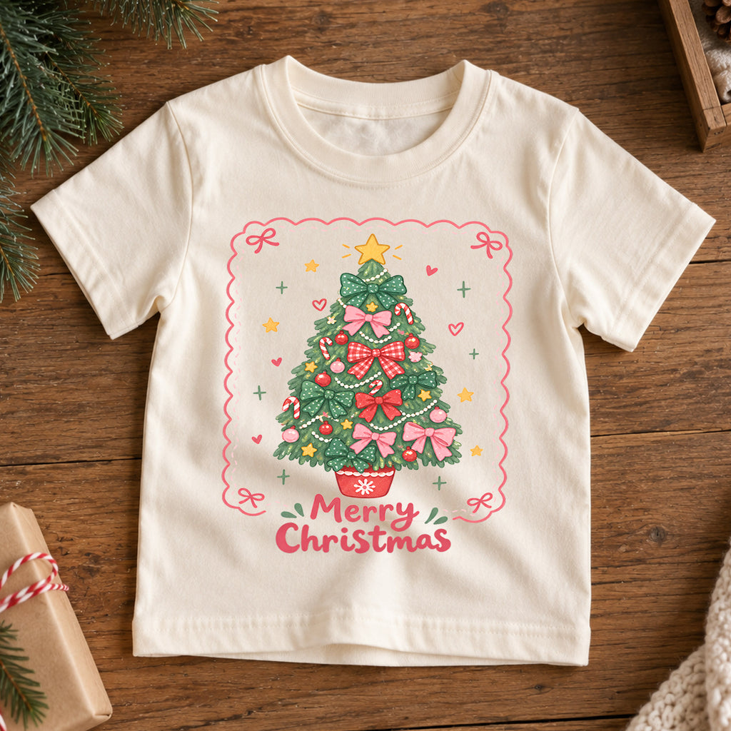 Merry Christmas Bow Tree Kids Shirt, Pink Bow Christmas Tree Tee, Cute Holiday Outfit for Girls, Coquette Christmas Gift for Little Kids — product view 7