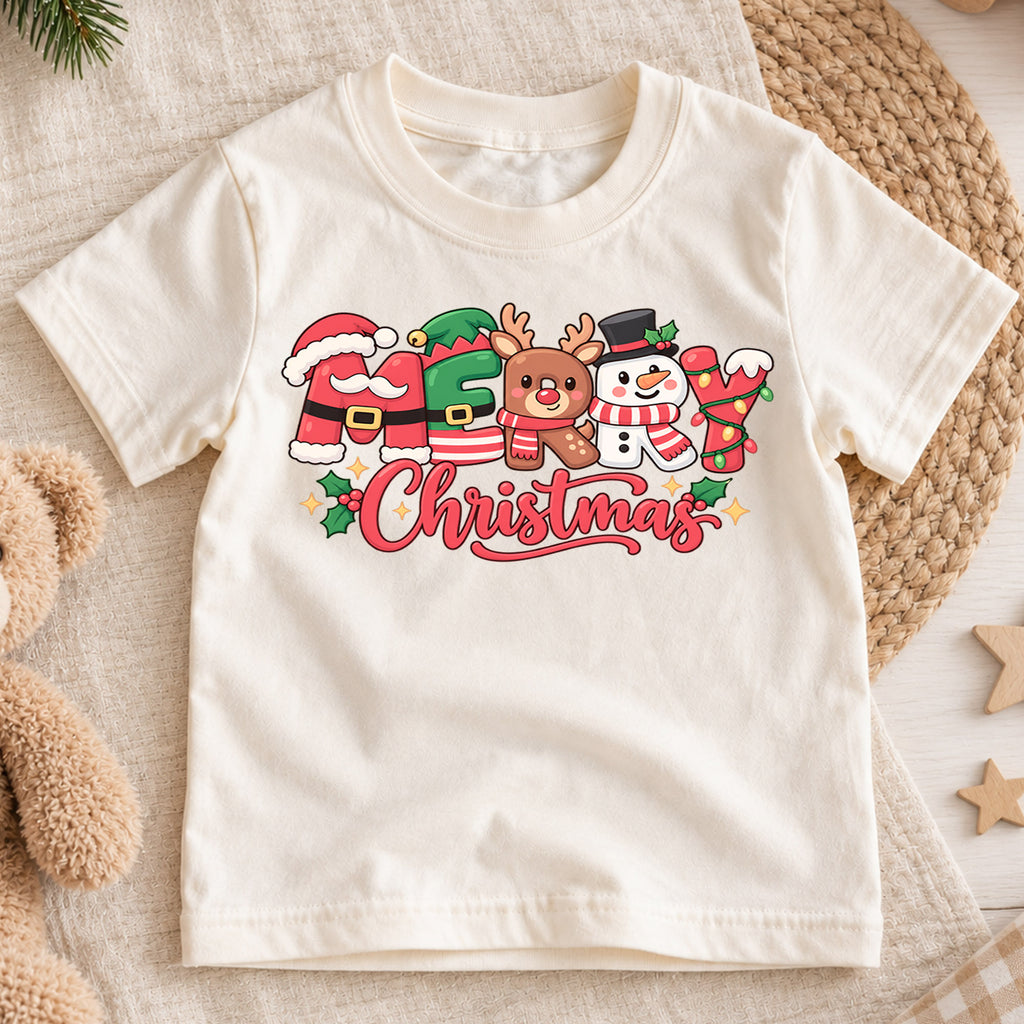 Merry Christmas Kids Shirt, Santa Reindeer Snowman Tee, Cute Holiday Character Outfit for Boys Girls, Festive Christmas Gift for Kids — product view 1