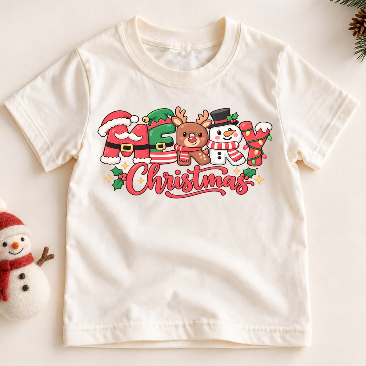 Merry Christmas Kids Shirt, Santa Reindeer Snowman Tee, Cute Holiday Character Outfit for Boys Girls, Festive Christmas Gift for Kids — product view 2