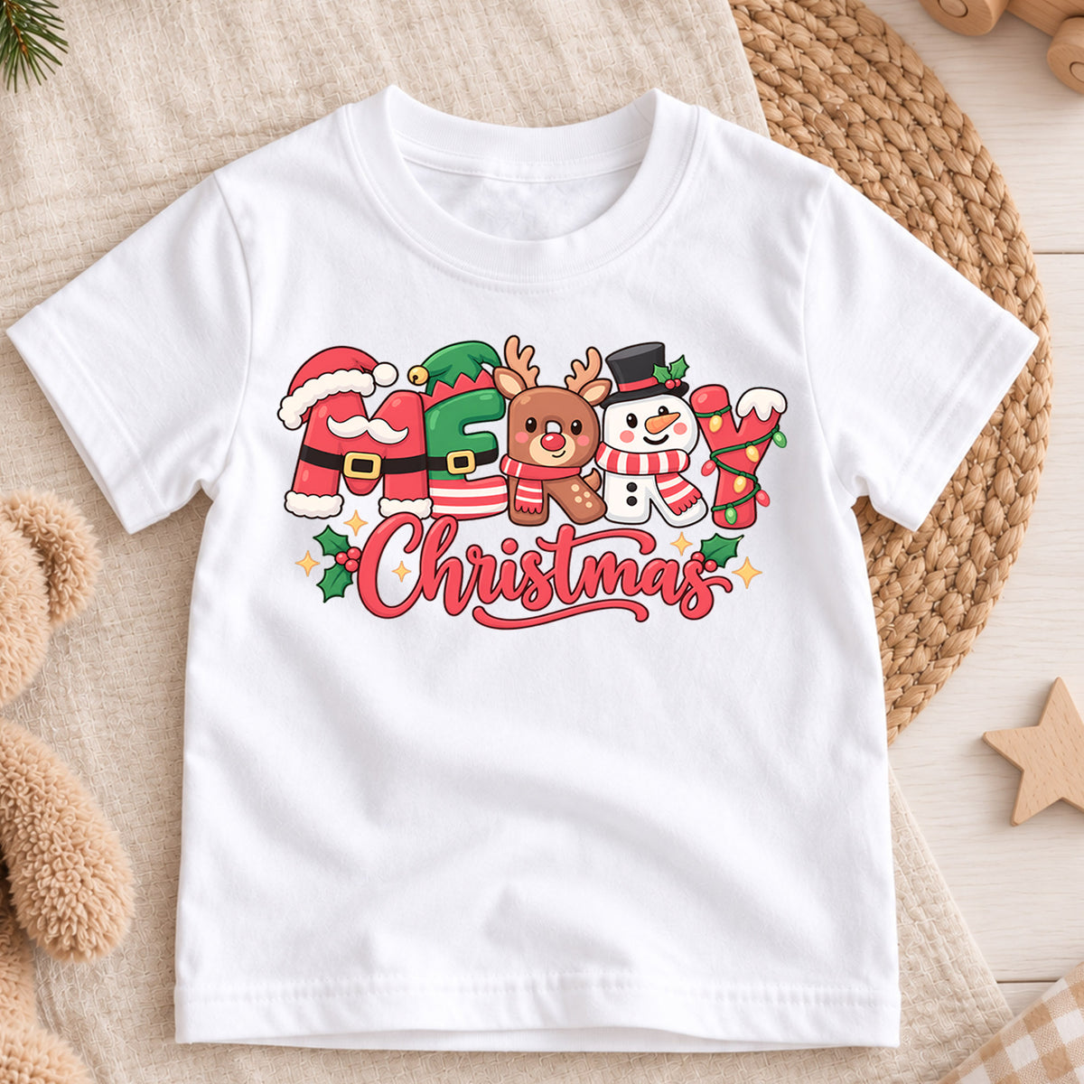 Merry Christmas Kids Shirt, Santa Reindeer Snowman Tee, Cute Holiday Character Outfit for Boys Girls, Festive Christmas Gift for Kids — product view 3