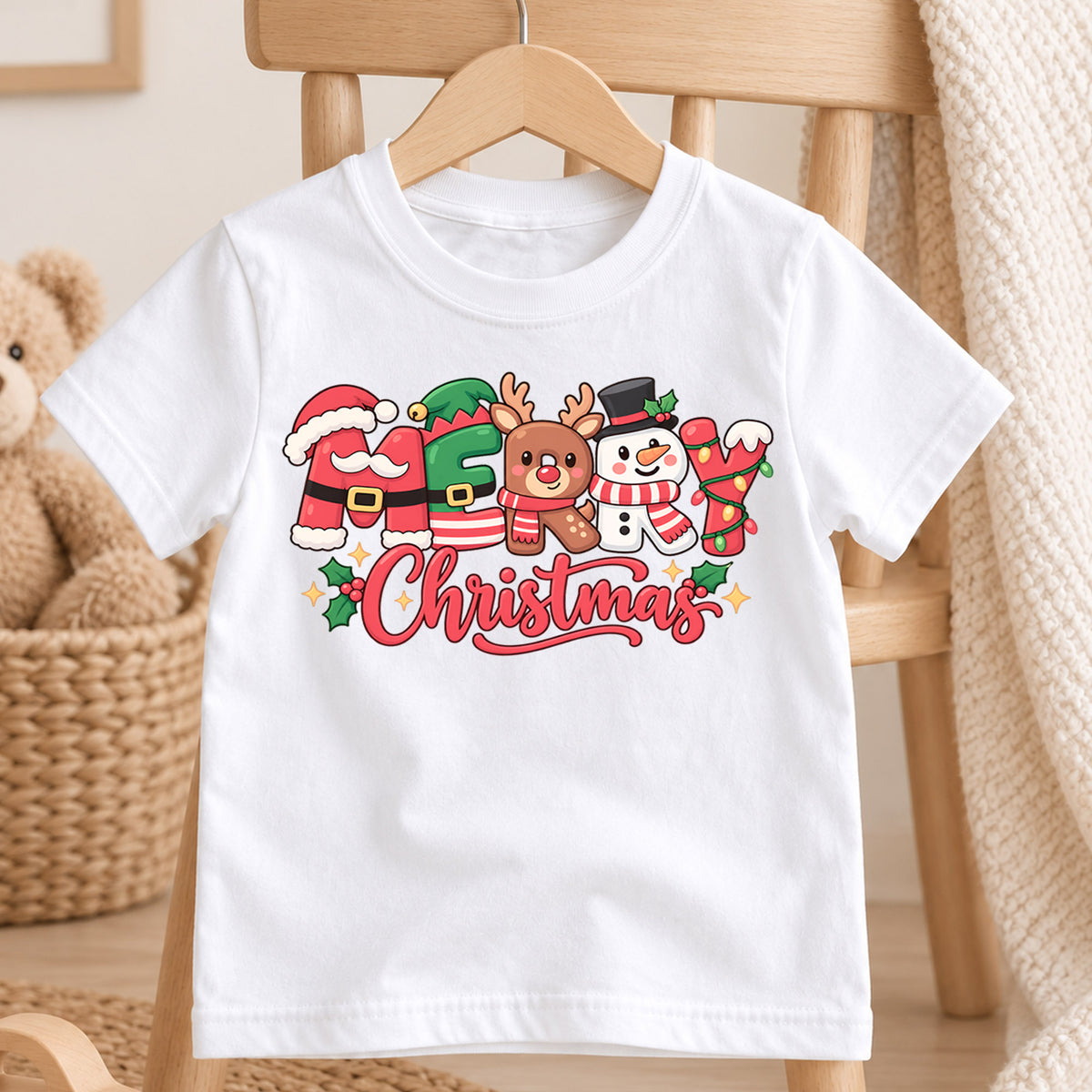 Merry Christmas Kids Shirt, Santa Reindeer Snowman Tee, Cute Holiday Character Outfit for Boys Girls, Festive Christmas Gift for Kids — product view 4