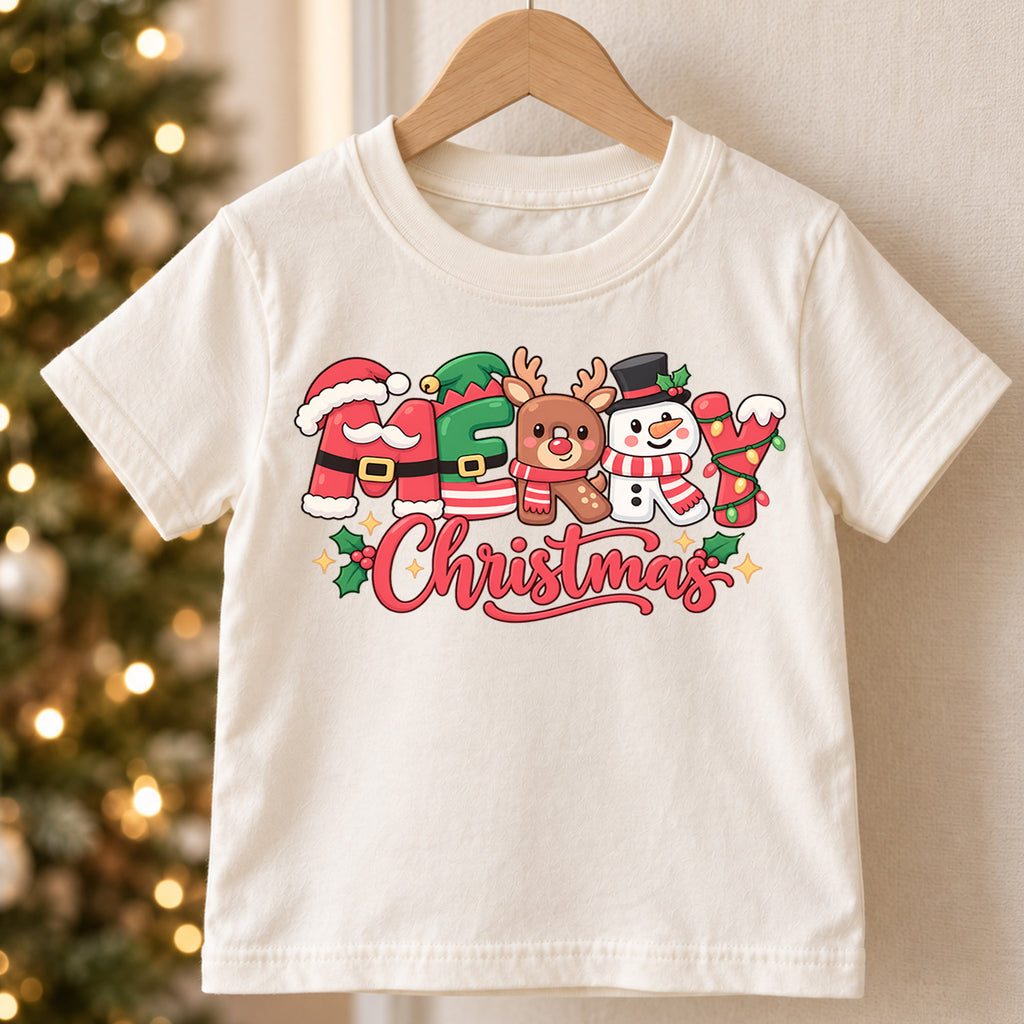 Merry Christmas Kids Shirt, Santa Reindeer Snowman Tee, Cute Holiday Character Outfit for Boys Girls, Festive Christmas Gift for Kids — product view 5
