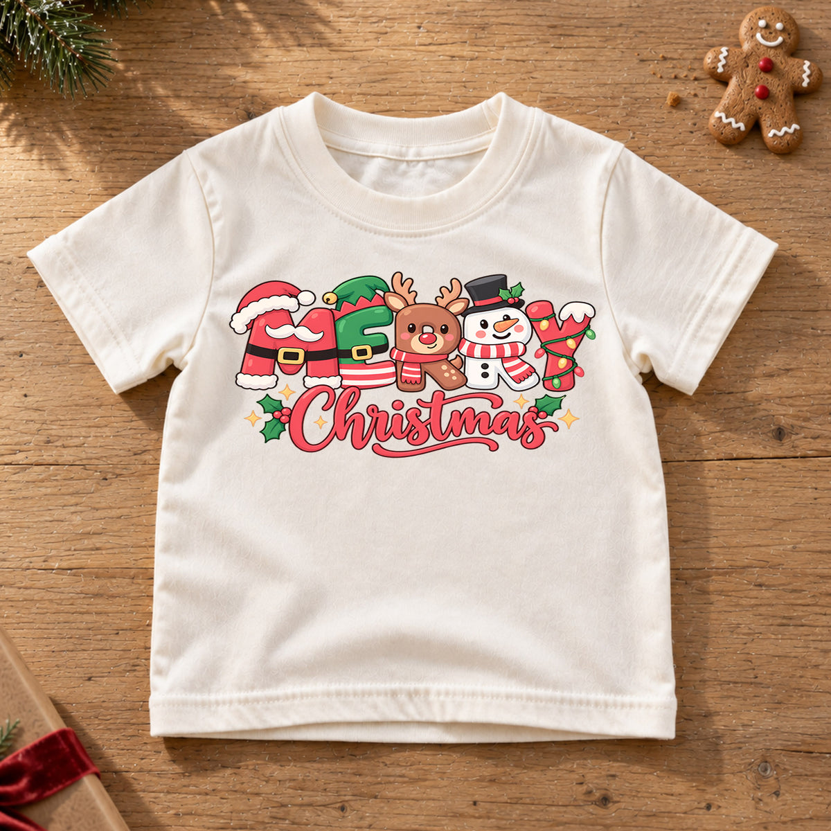 Merry Christmas Kids Shirt, Santa Reindeer Snowman Tee, Cute Holiday Character Outfit for Boys Girls, Festive Christmas Gift for Kids — product view 6