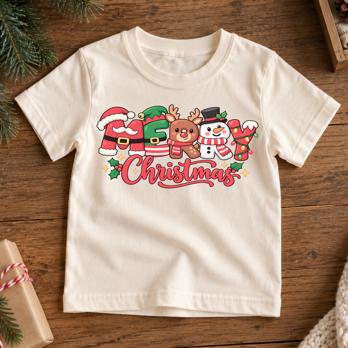 Merry Christmas Kids Shirt, Santa Reindeer Snowman Tee, Cute Holiday Character Outfit for Boys Girls, Festive Christmas Gift for Kids — product view 7