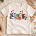 Personalized Christmas Name Kids T-Shirt, Custom Santa Reindeer Snowman Design, 1st Christmas Gift, My First Birthday Holiday Outfit — product view 1