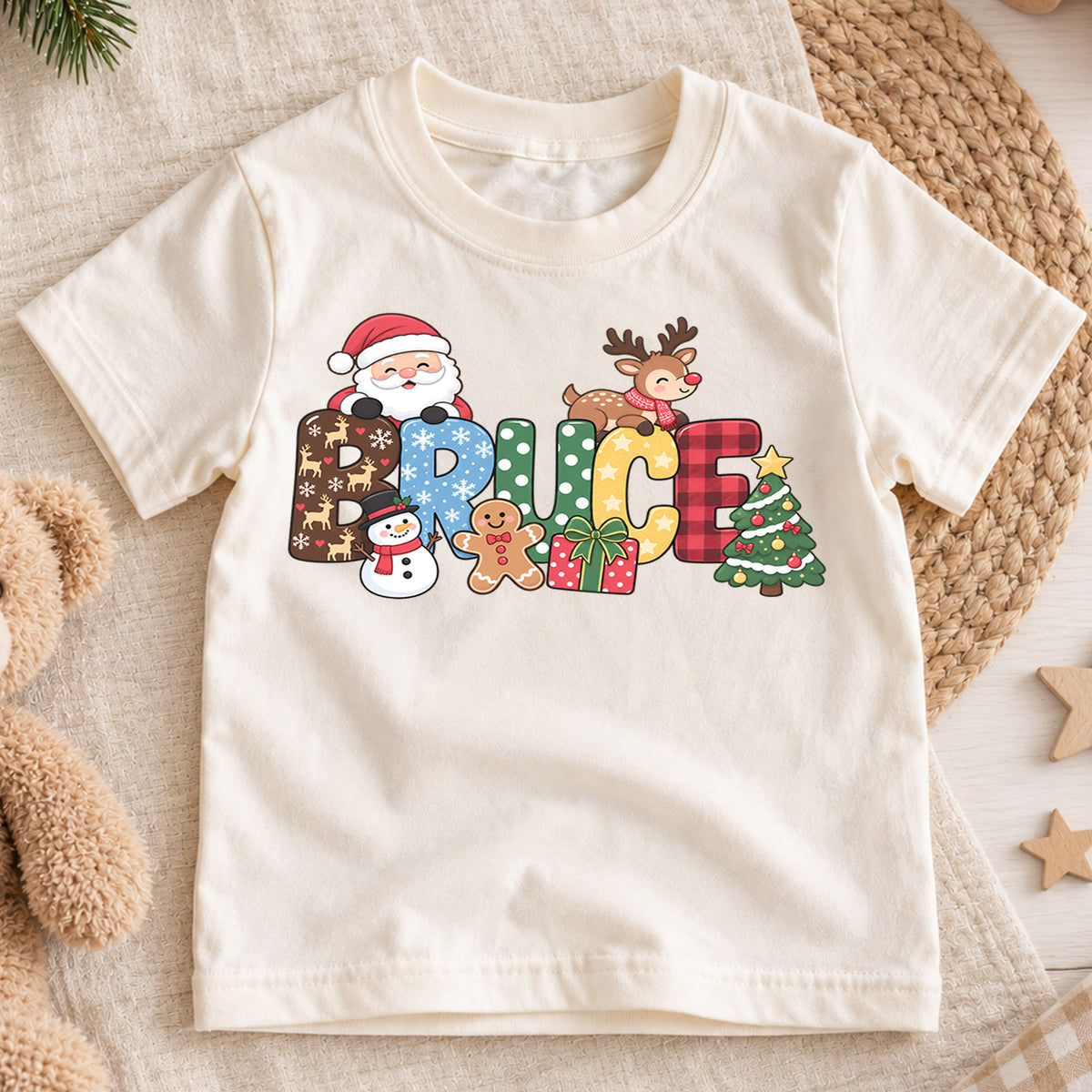 Personalized Christmas Name Kids T-Shirt, Custom Santa Reindeer Snowman Design, 1st Christmas Gift, My First Birthday Holiday Outfit — product view 1