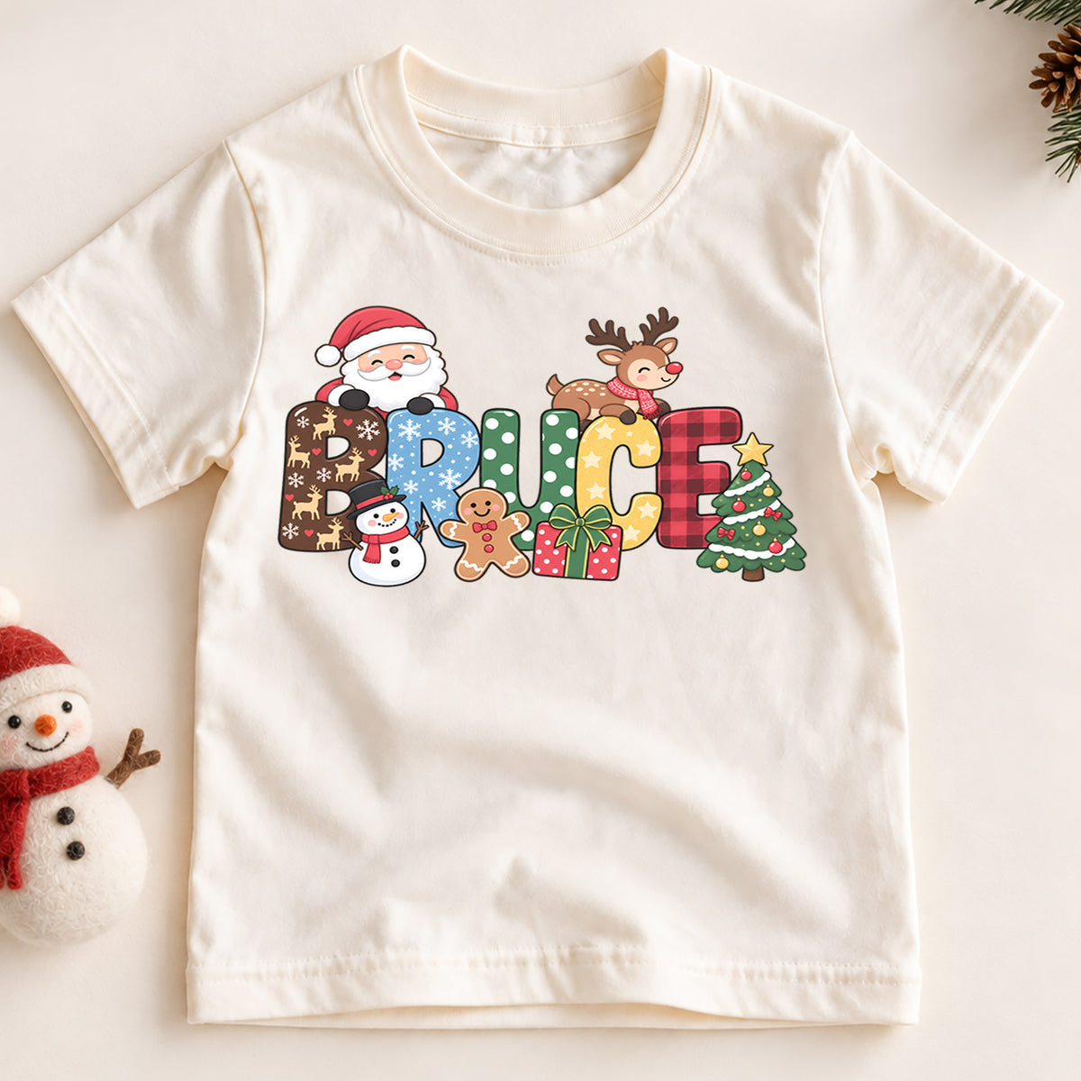 Personalized Christmas Name Kids T-Shirt, Custom Santa Reindeer Snowman Design, 1st Christmas Gift, My First Birthday Holiday Outfit — product view 2