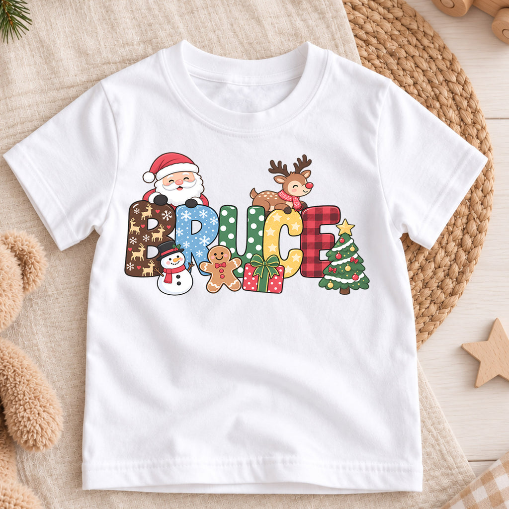 Personalized Christmas Name Kids T-Shirt, Custom Santa Reindeer Snowman Design, 1st Christmas Gift, My First Birthday Holiday Outfit — product view 3