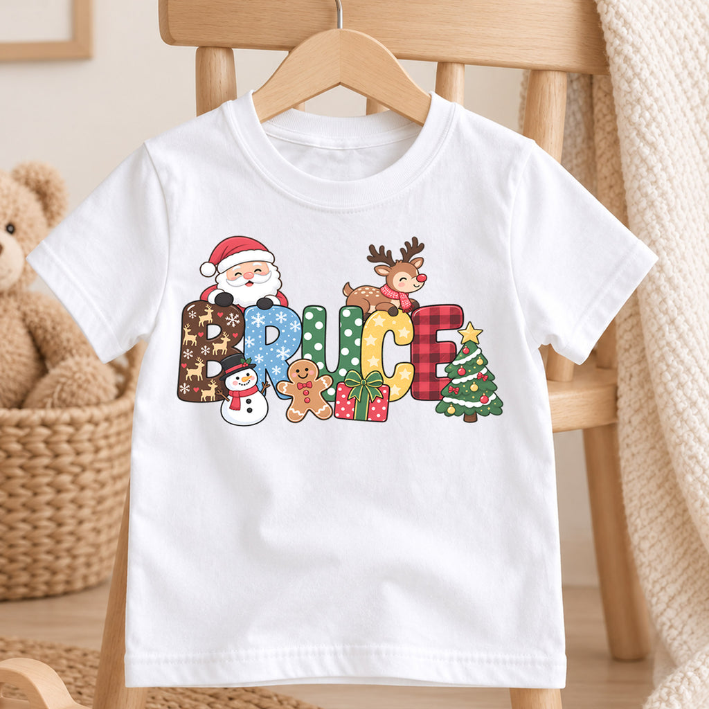 Personalized Christmas Name Kids T-Shirt, Custom Santa Reindeer Snowman Design, 1st Christmas Gift, My First Birthday Holiday Outfit — product view 4