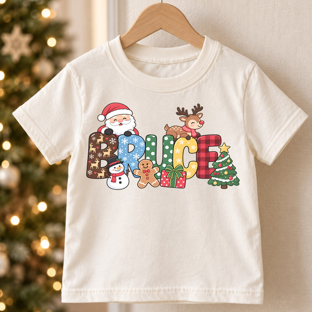 Personalized Christmas Name Kids T-Shirt, Custom Santa Reindeer Snowman Design, 1st Christmas Gift, My First Birthday Holiday Outfit — product view 5