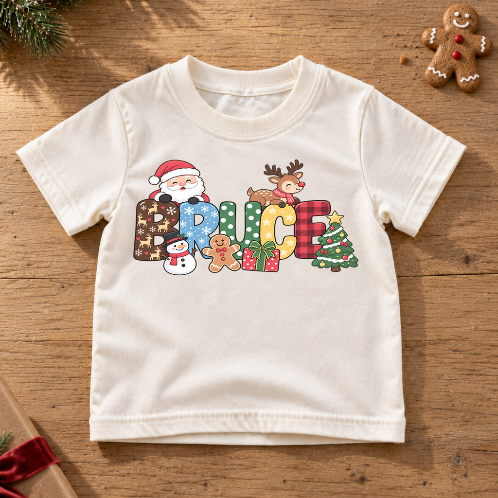 Personalized Christmas Name Kids T-Shirt, Custom Santa Reindeer Snowman Design, 1st Christmas Gift, My First Birthday Holiday Outfit — product view 6