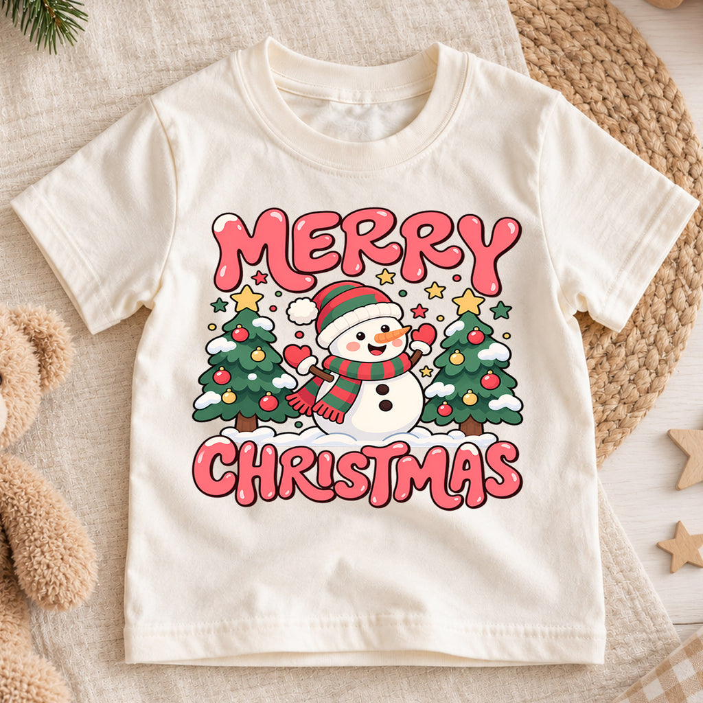 Merry Christmas Snowman Kids Shirt, Christmas Tree Holiday Tee, Cute Winter Outfit for Boys Girls, Festive Christmas Gift for Kids — product view 1