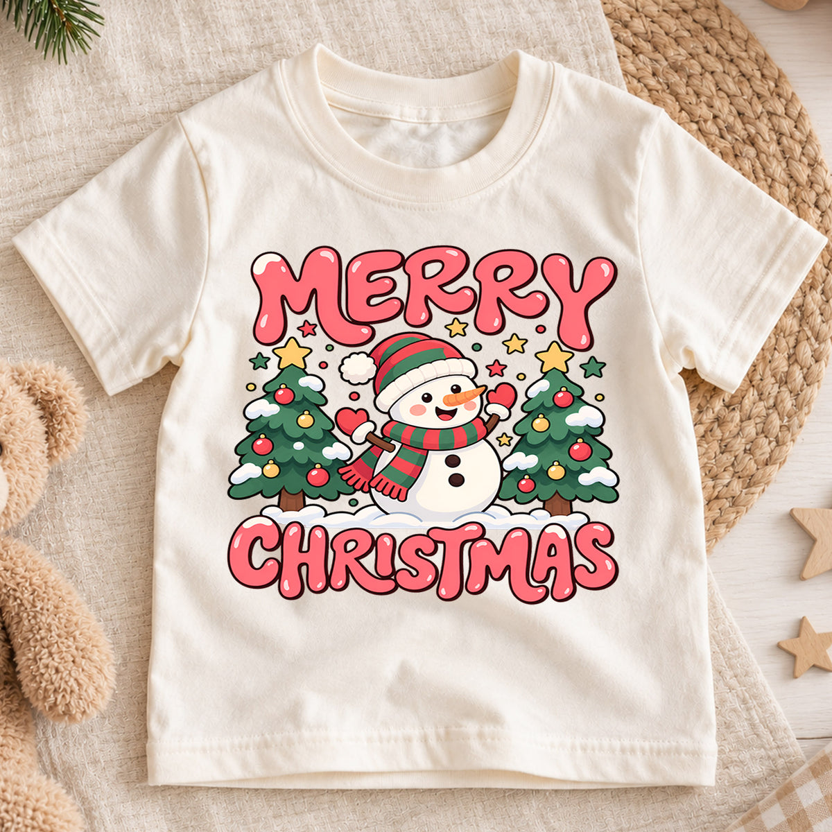 Merry Christmas Snowman Kids Shirt, Christmas Tree Holiday Tee, Cute Winter Outfit for Boys Girls, Festive Christmas Gift for Kids — product view 1