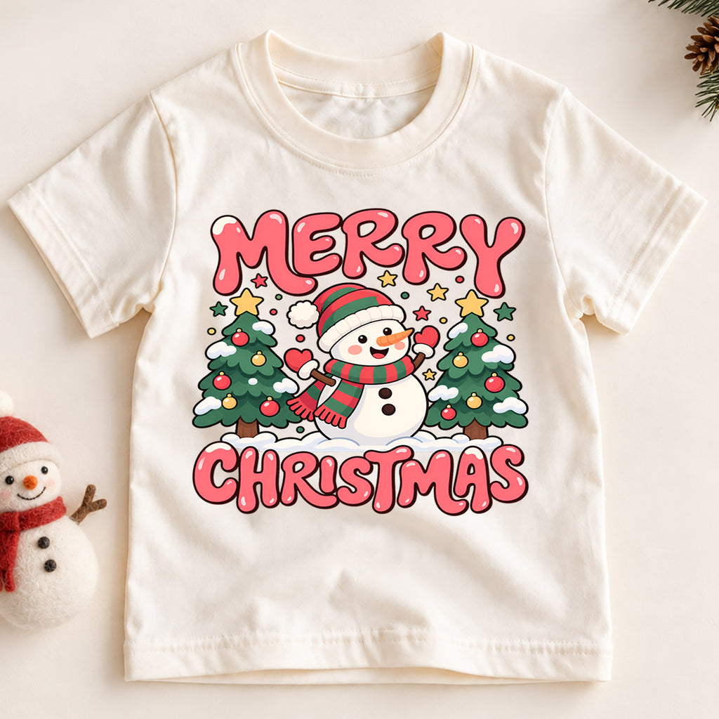 Merry Christmas Snowman Kids Shirt, Christmas Tree Holiday Tee, Cute Winter Outfit for Boys Girls, Festive Christmas Gift for Kids — product view 2