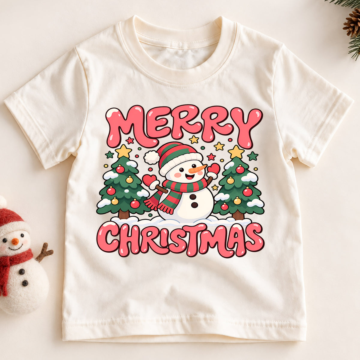 Merry Christmas Snowman Kids Shirt, Christmas Tree Holiday Tee, Cute Winter Outfit for Boys Girls, Festive Christmas Gift for Kids — product view 2