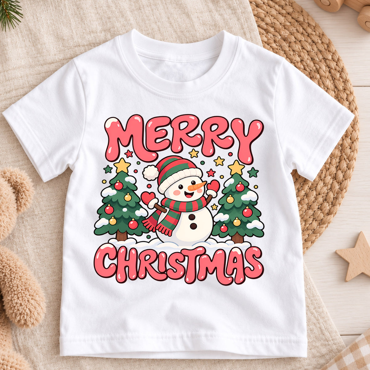 Merry Christmas Snowman Kids Shirt, Christmas Tree Holiday Tee, Cute Winter Outfit for Boys Girls, Festive Christmas Gift for Kids — product view 3