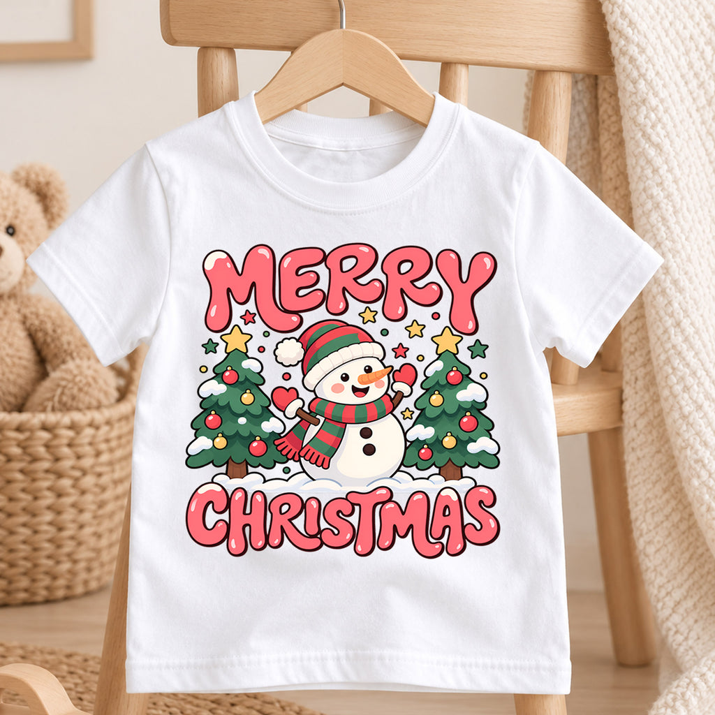 Merry Christmas Snowman Kids Shirt, Christmas Tree Holiday Tee, Cute Winter Outfit for Boys Girls, Festive Christmas Gift for Kids — product view 4