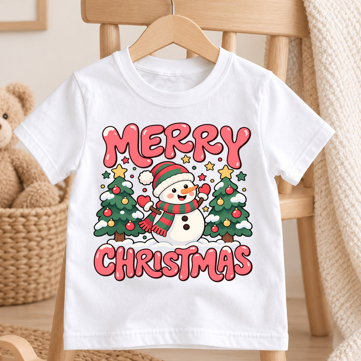 Merry Christmas Snowman Kids Shirt, Christmas Tree Holiday Tee, Cute Winter Outfit for Boys Girls, Festive Christmas Gift for Kids — product view 4