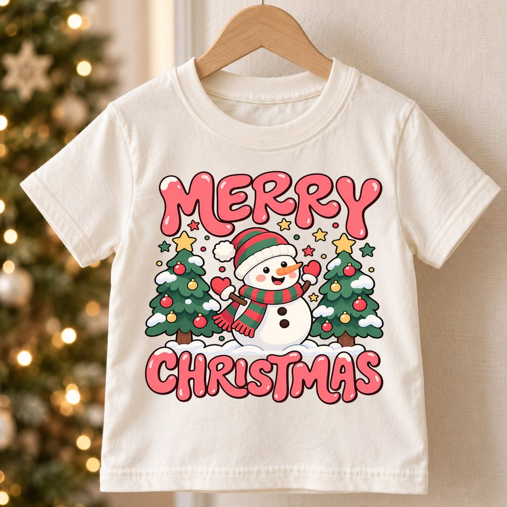 Merry Christmas Snowman Kids Shirt, Christmas Tree Holiday Tee, Cute Winter Outfit for Boys Girls, Festive Christmas Gift for Kids — product view 5