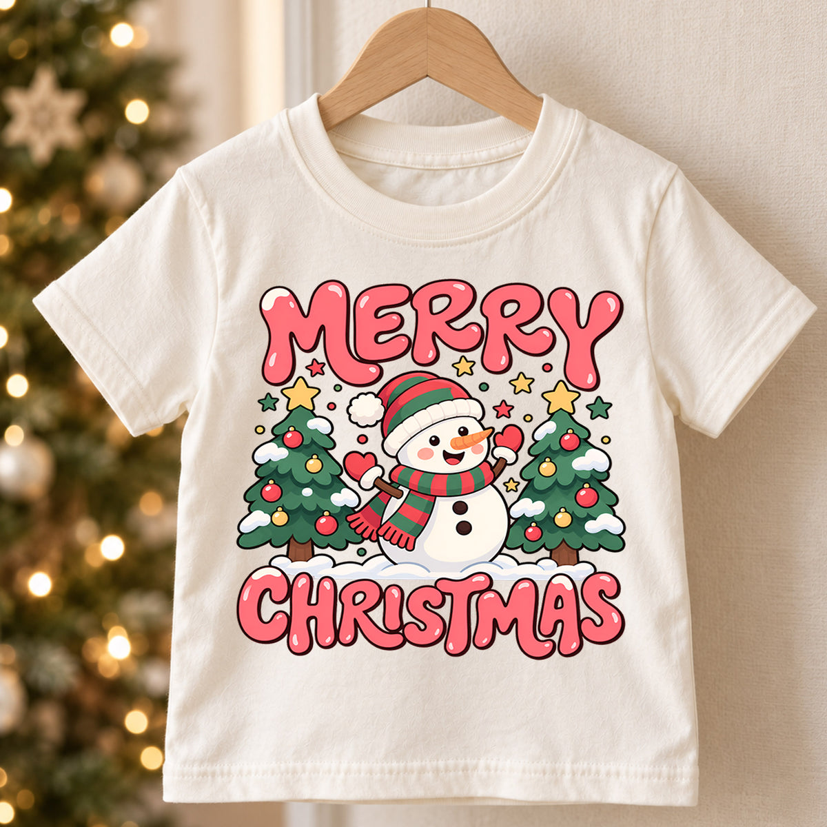 Merry Christmas Snowman Kids Shirt, Christmas Tree Holiday Tee, Cute Winter Outfit for Boys Girls, Festive Christmas Gift for Kids — product view 5