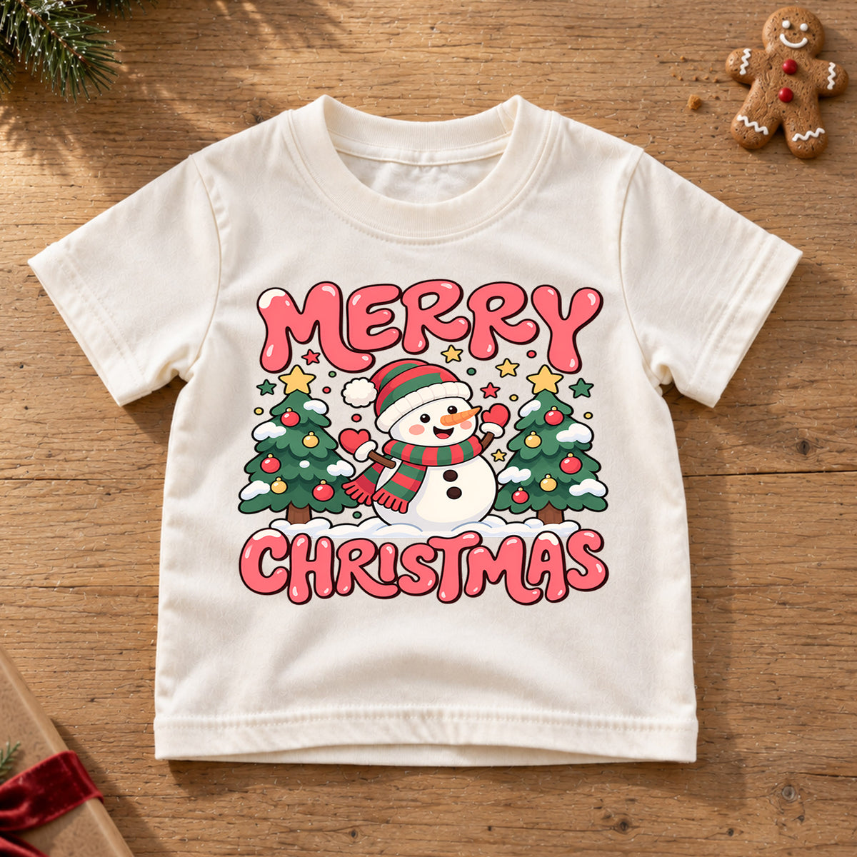 Merry Christmas Snowman Kids Shirt, Christmas Tree Holiday Tee, Cute Winter Outfit for Boys Girls, Festive Christmas Gift for Kids — product view 6