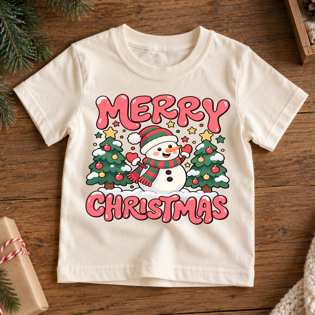 Merry Christmas Snowman Kids Shirt, Christmas Tree Holiday Tee, Cute Winter Outfit for Boys Girls, Festive Christmas Gift for Kids — product view 7