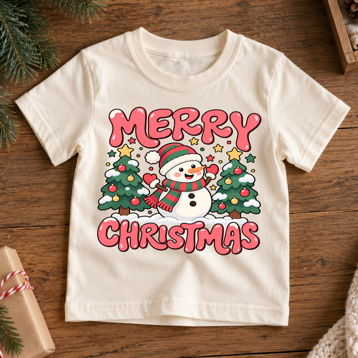 Merry Christmas Snowman Kids Shirt, Christmas Tree Holiday Tee, Cute Winter Outfit for Boys Girls, Festive Christmas Gift for Kids — product view 7