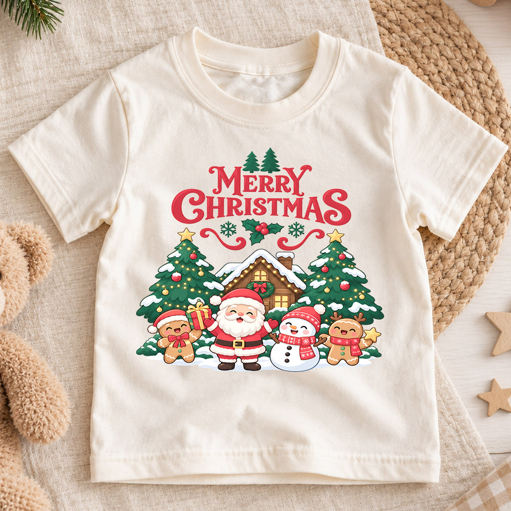 Merry Christmas Kids Shirt, Santa Snowman Gingerbread Tee, Cute Holiday Scene Outfit for Boys Girls, Festive Christmas Gift for Kids — product view 1