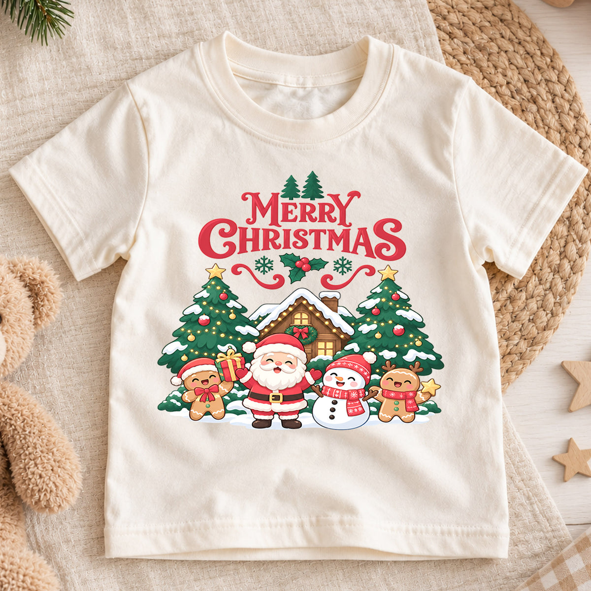 Merry Christmas Kids Shirt, Santa Snowman Gingerbread Tee, Cute Holiday Scene Outfit for Boys Girls, Festive Christmas Gift for Kids — product view 1