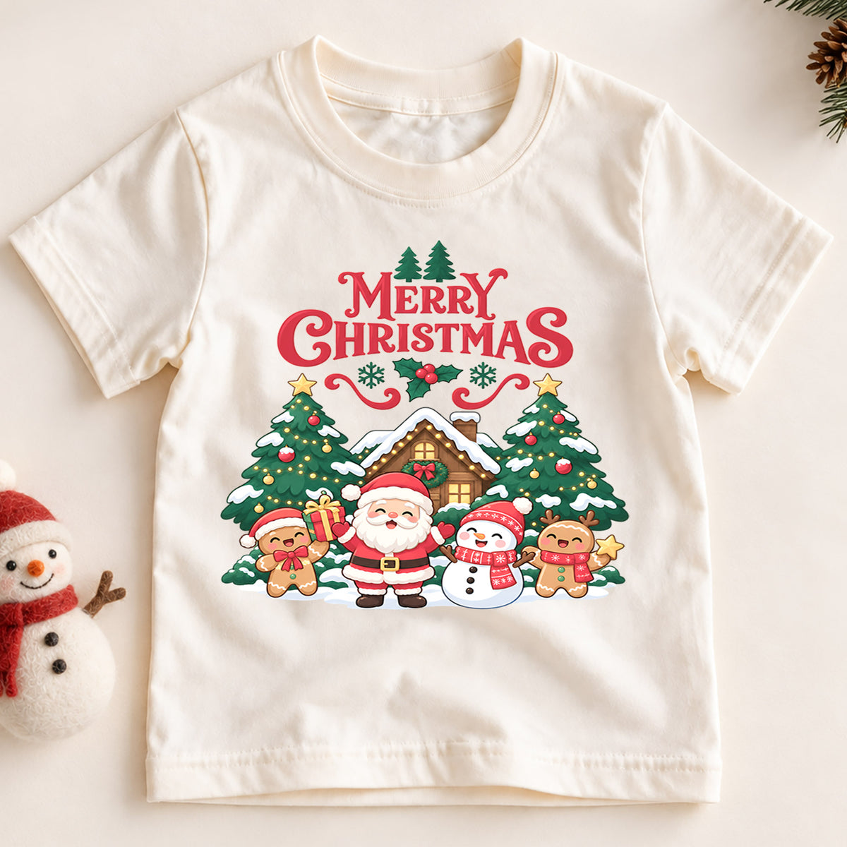 Merry Christmas Kids Shirt, Santa Snowman Gingerbread Tee, Cute Holiday Scene Outfit for Boys Girls, Festive Christmas Gift for Kids — product view 2
