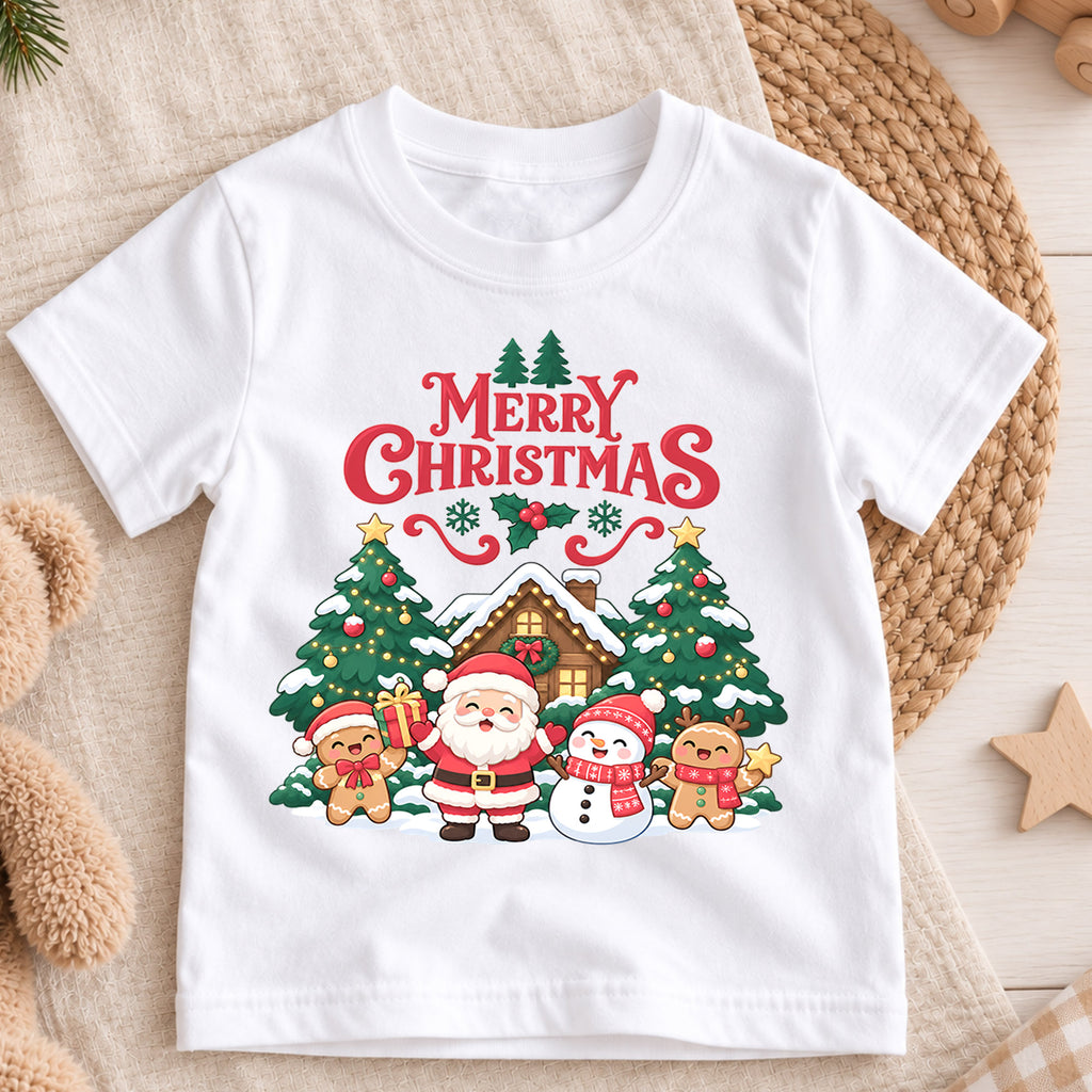 Merry Christmas Kids Shirt, Santa Snowman Gingerbread Tee, Cute Holiday Scene Outfit for Boys Girls, Festive Christmas Gift for Kids — product view 3