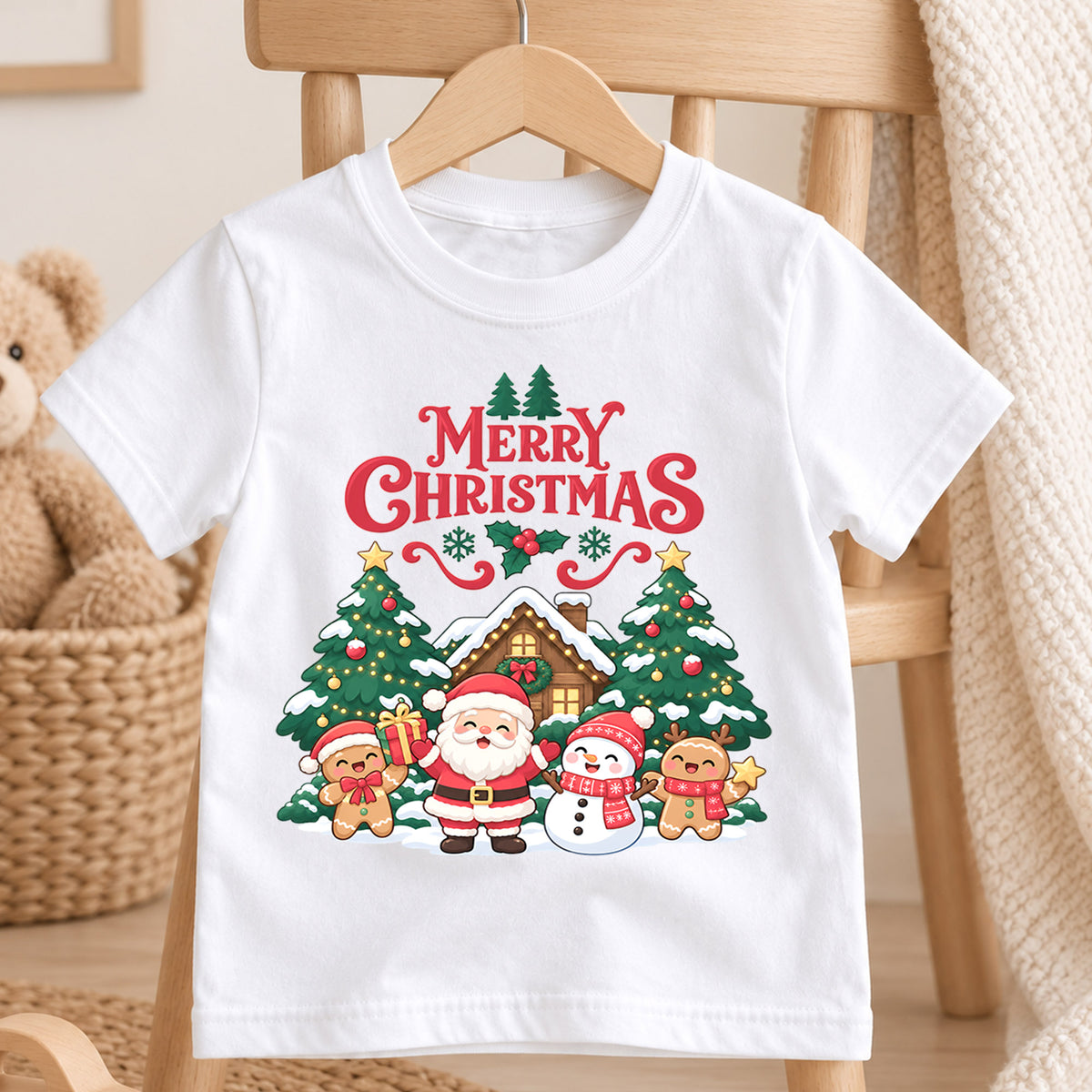 Merry Christmas Kids Shirt, Santa Snowman Gingerbread Tee, Cute Holiday Scene Outfit for Boys Girls, Festive Christmas Gift for Kids — product view 4