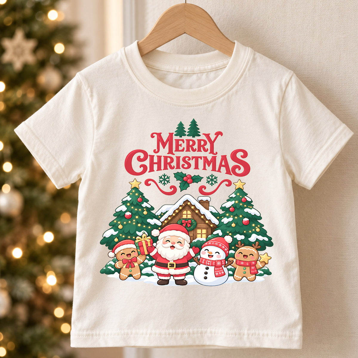 Merry Christmas Kids Shirt, Santa Snowman Gingerbread Tee, Cute Holiday Scene Outfit for Boys Girls, Festive Christmas Gift for Kids — product view 5