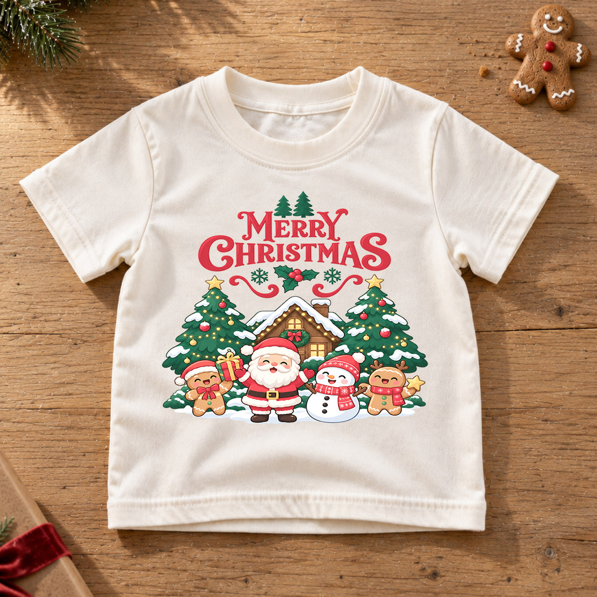 Merry Christmas Kids Shirt, Santa Snowman Gingerbread Tee, Cute Holiday Scene Outfit for Boys Girls, Festive Christmas Gift for Kids — product view 6