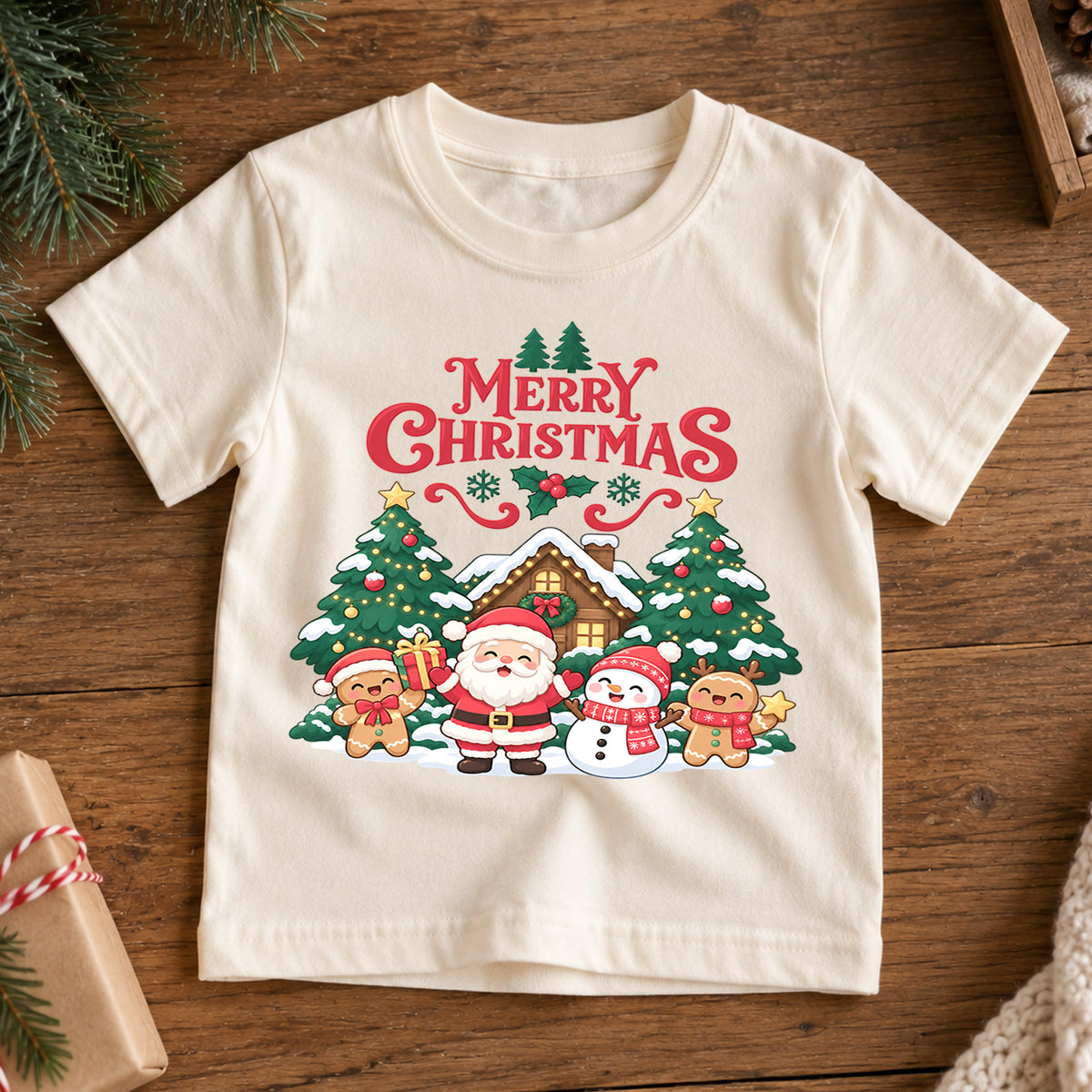 Merry Christmas Kids Shirt, Santa Snowman Gingerbread Tee, Cute Holiday Scene Outfit for Boys Girls, Festive Christmas Gift for Kids — product view 7