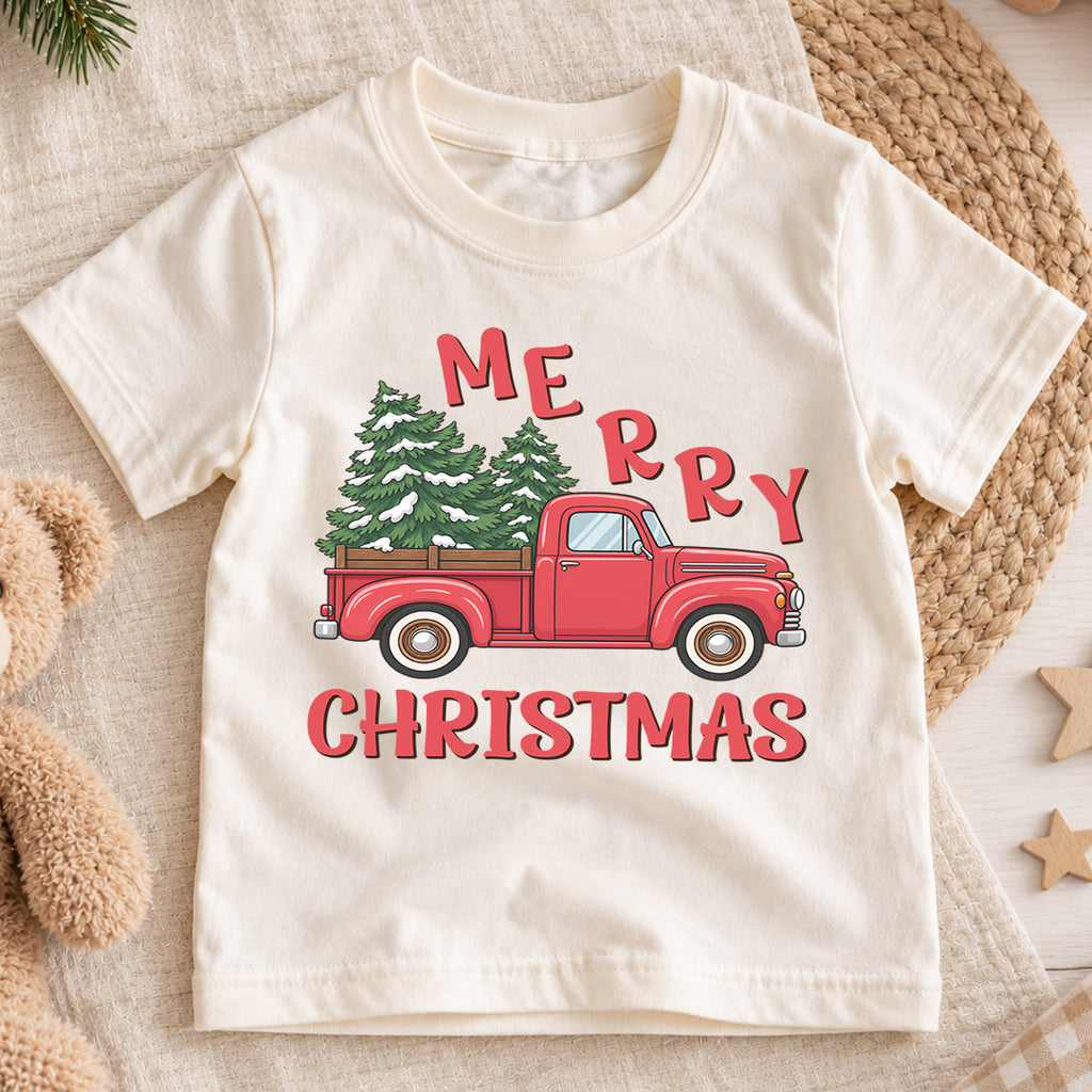 Merry Christmas Red Truck Kids Shirt, Christmas Tree Pickup Tee, Vintage Holiday Outfit for Boys Girls, Festive Christmas Gift for Kids — product view 1