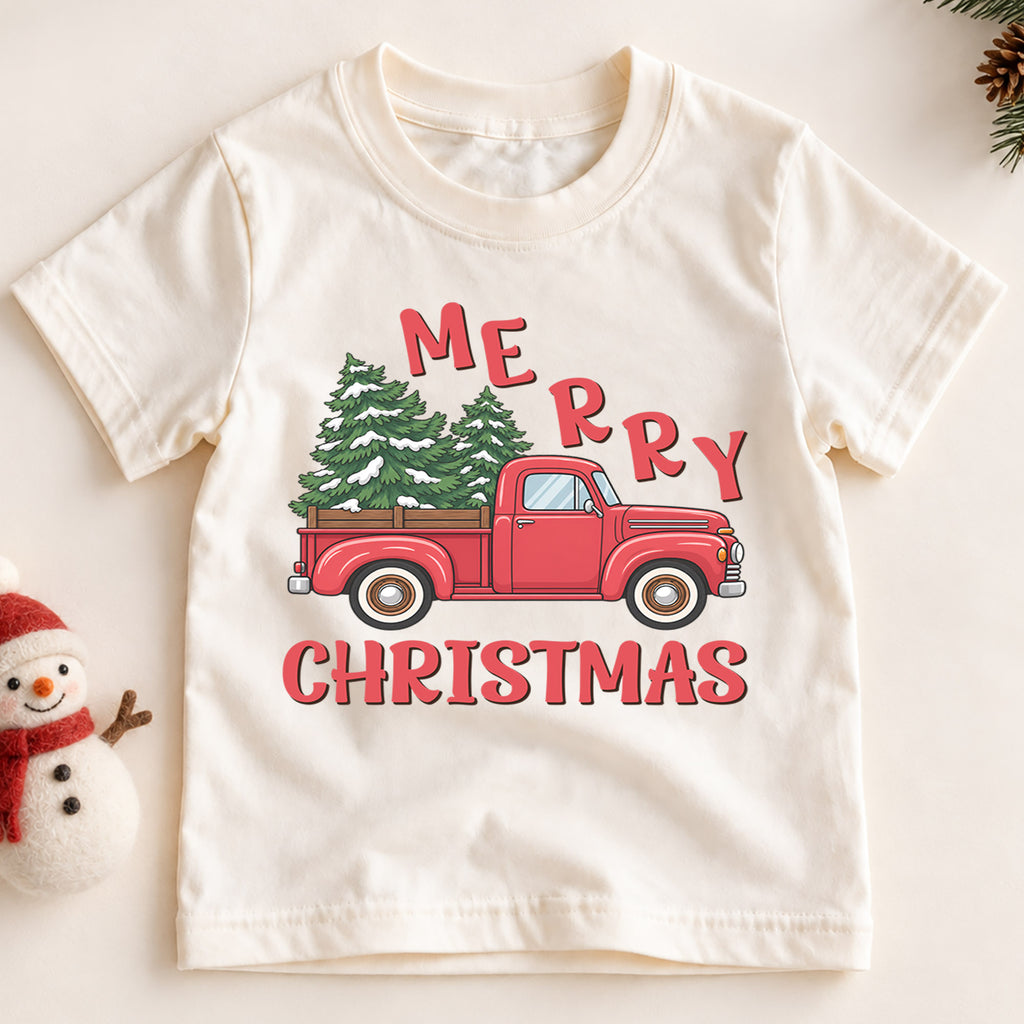 Merry Christmas Red Truck Kids Shirt, Christmas Tree Pickup Tee, Vintage Holiday Outfit for Boys Girls, Festive Christmas Gift for Kids — product view 2