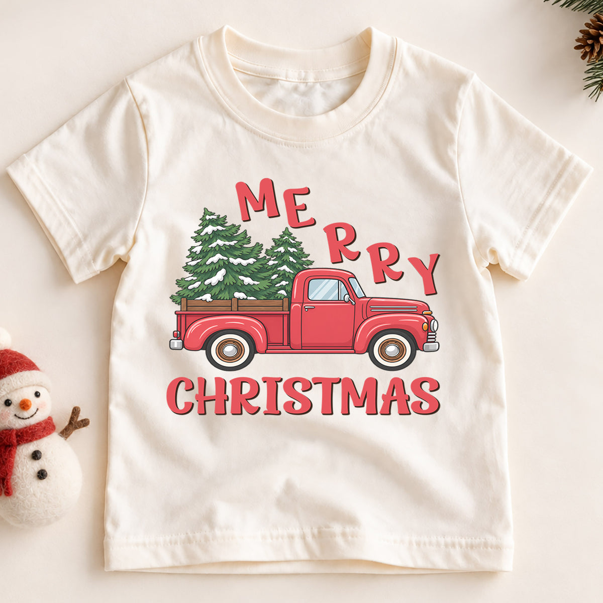 Merry Christmas Red Truck Kids Shirt, Christmas Tree Pickup Tee, Vintage Holiday Outfit for Boys Girls, Festive Christmas Gift for Kids — product view 2