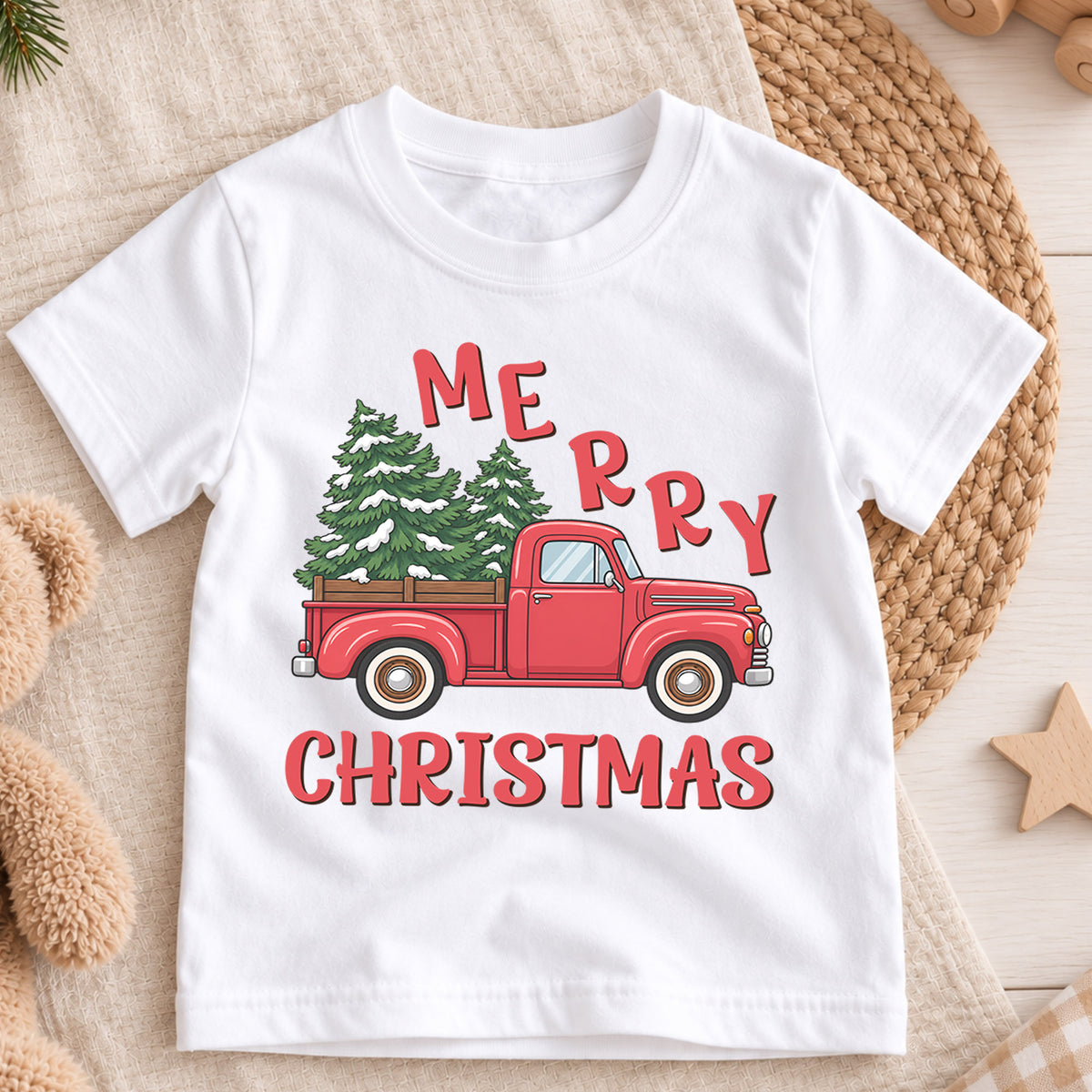 Merry Christmas Red Truck Kids Shirt, Christmas Tree Pickup Tee, Vintage Holiday Outfit for Boys Girls, Festive Christmas Gift for Kids — product view 3