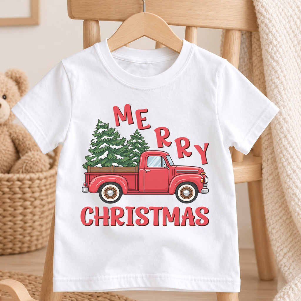 Merry Christmas Red Truck Kids Shirt, Christmas Tree Pickup Tee, Vintage Holiday Outfit for Boys Girls, Festive Christmas Gift for Kids — product view 4