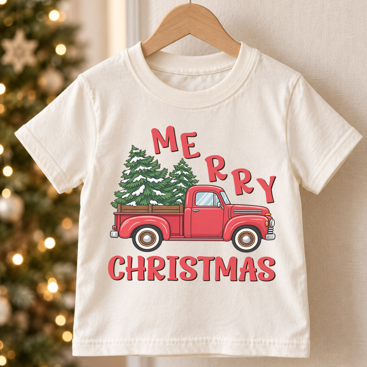 Merry Christmas Red Truck Kids Shirt, Christmas Tree Pickup Tee, Vintage Holiday Outfit for Boys Girls, Festive Christmas Gift for Kids — product view 5