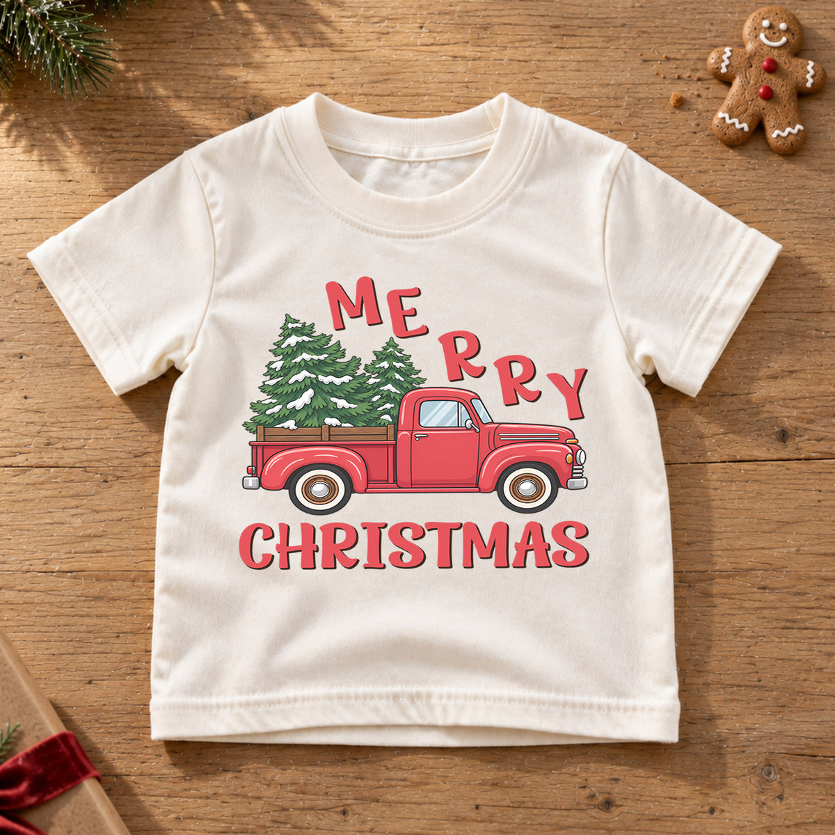 Merry Christmas Red Truck Kids Shirt, Christmas Tree Pickup Tee, Vintage Holiday Outfit for Boys Girls, Festive Christmas Gift for Kids — product view 6