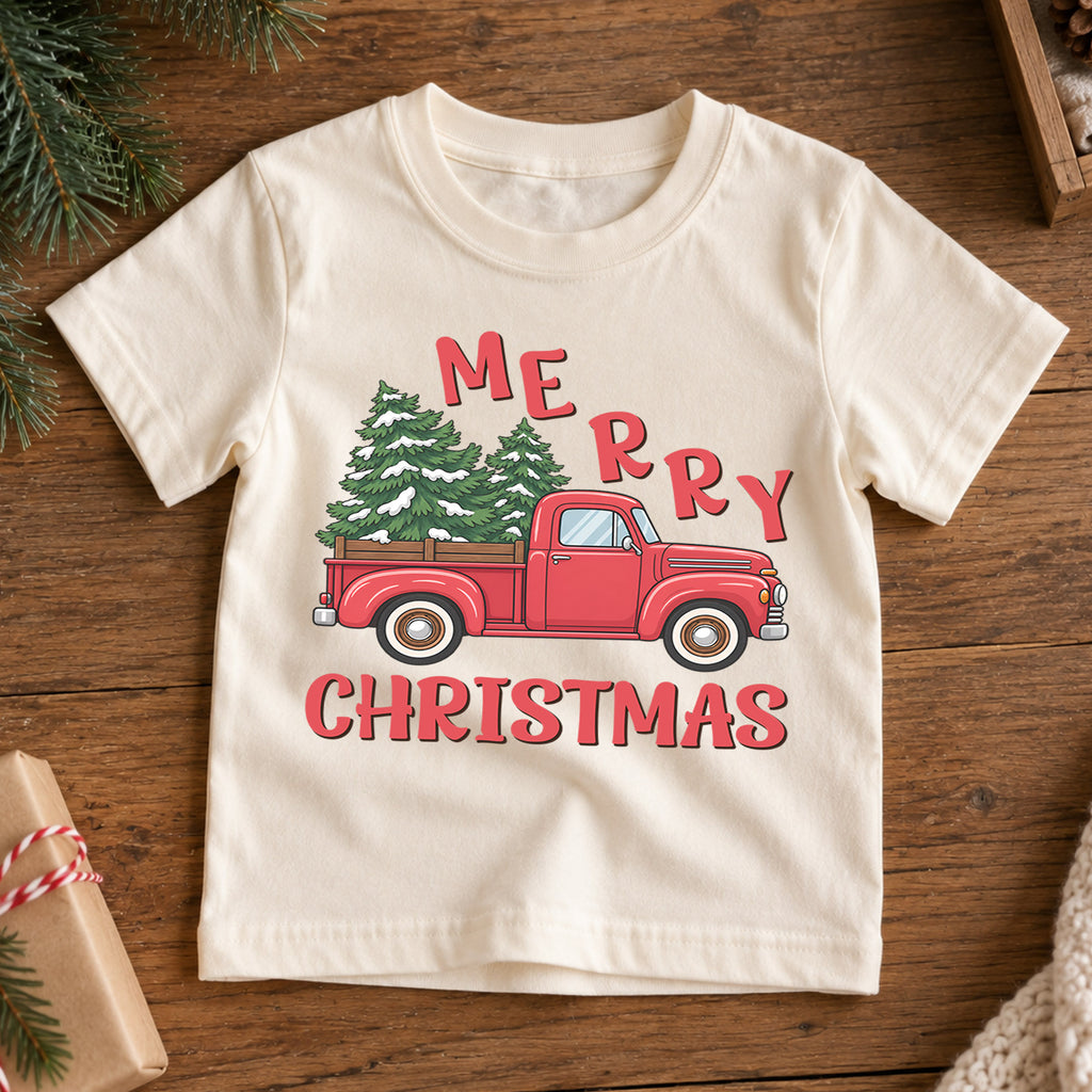 Merry Christmas Red Truck Kids Shirt, Christmas Tree Pickup Tee, Vintage Holiday Outfit for Boys Girls, Festive Christmas Gift for Kids — product view 7