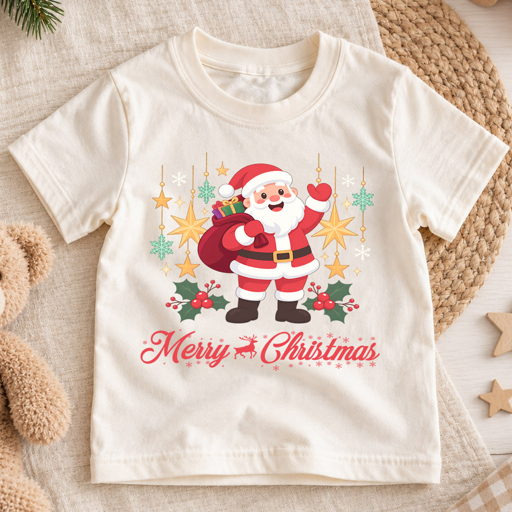 Merry Christmas Santa Kids Shirt, Classic Santa Holiday Tee, Christmas Stars Outfit for Boys Girls, Cute Festive Christmas Gift for Kids — product view 1