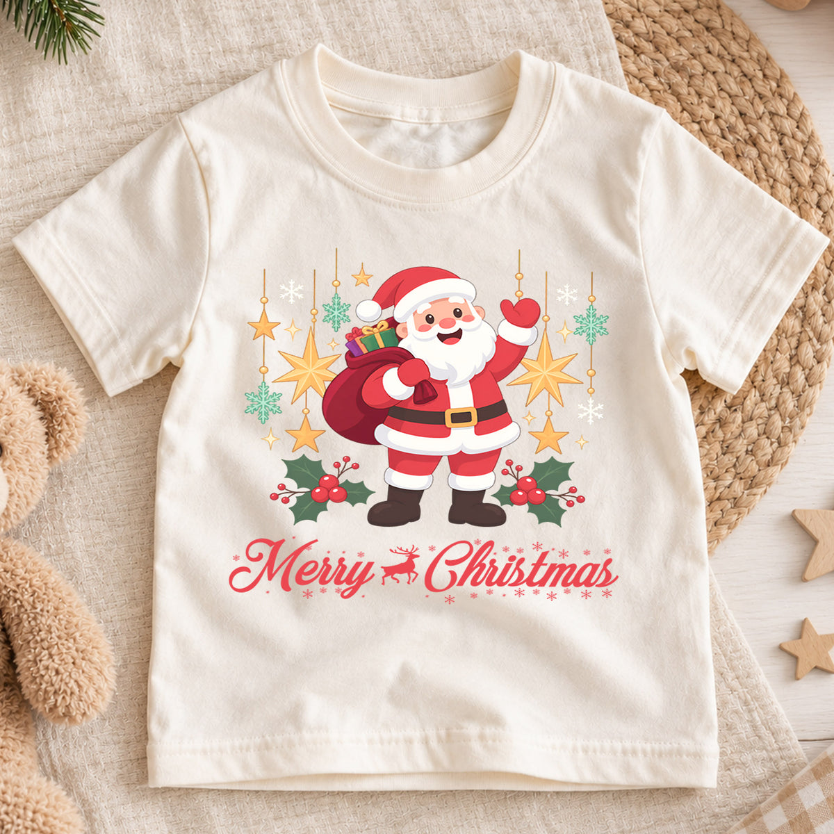 Merry Christmas Santa Kids Shirt, Classic Santa Holiday Tee, Christmas Stars Outfit for Boys Girls, Cute Festive Christmas Gift for Kids — product view 1