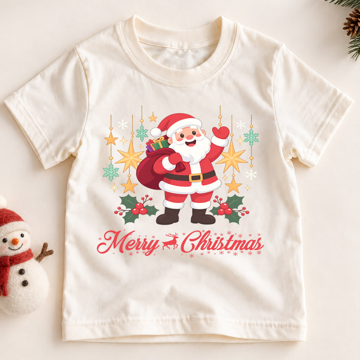 Merry Christmas Santa Kids Shirt, Classic Santa Holiday Tee, Christmas Stars Outfit for Boys Girls, Cute Festive Christmas Gift for Kids — product view 2